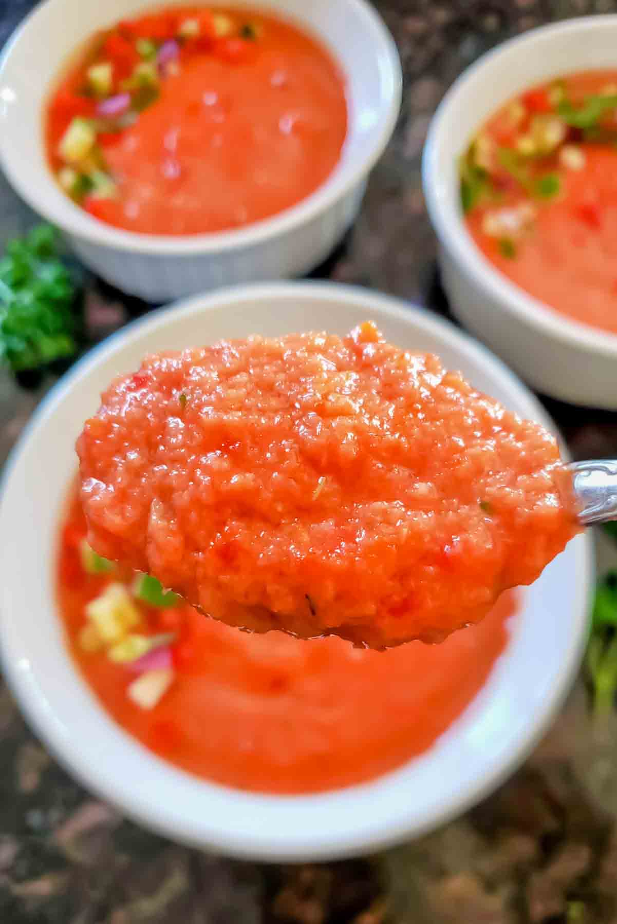 Easy vegan gazpacho recipe made with fresh tomatoes, cucumber, bell pepper, and garlic.