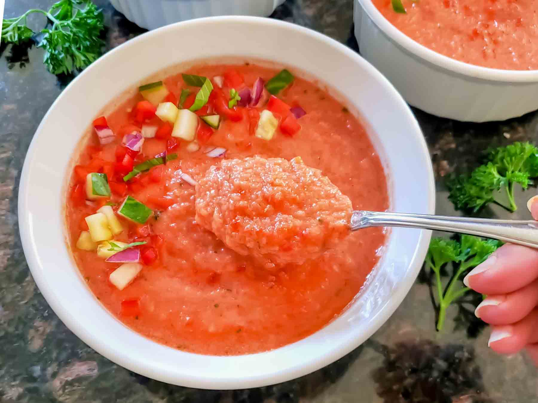 Cold vegan gazpacho recipe served.