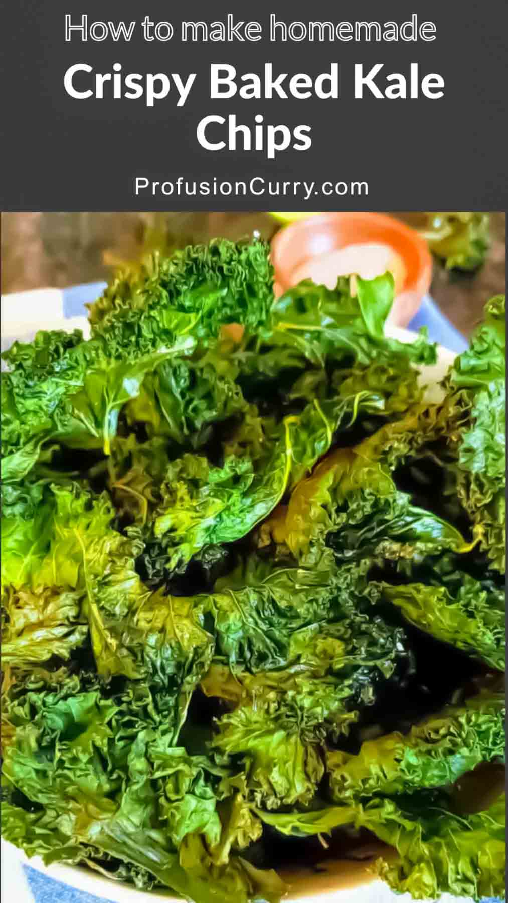 Image with text overlay for Baked Kale Chips in Air fryer and oven recipe.