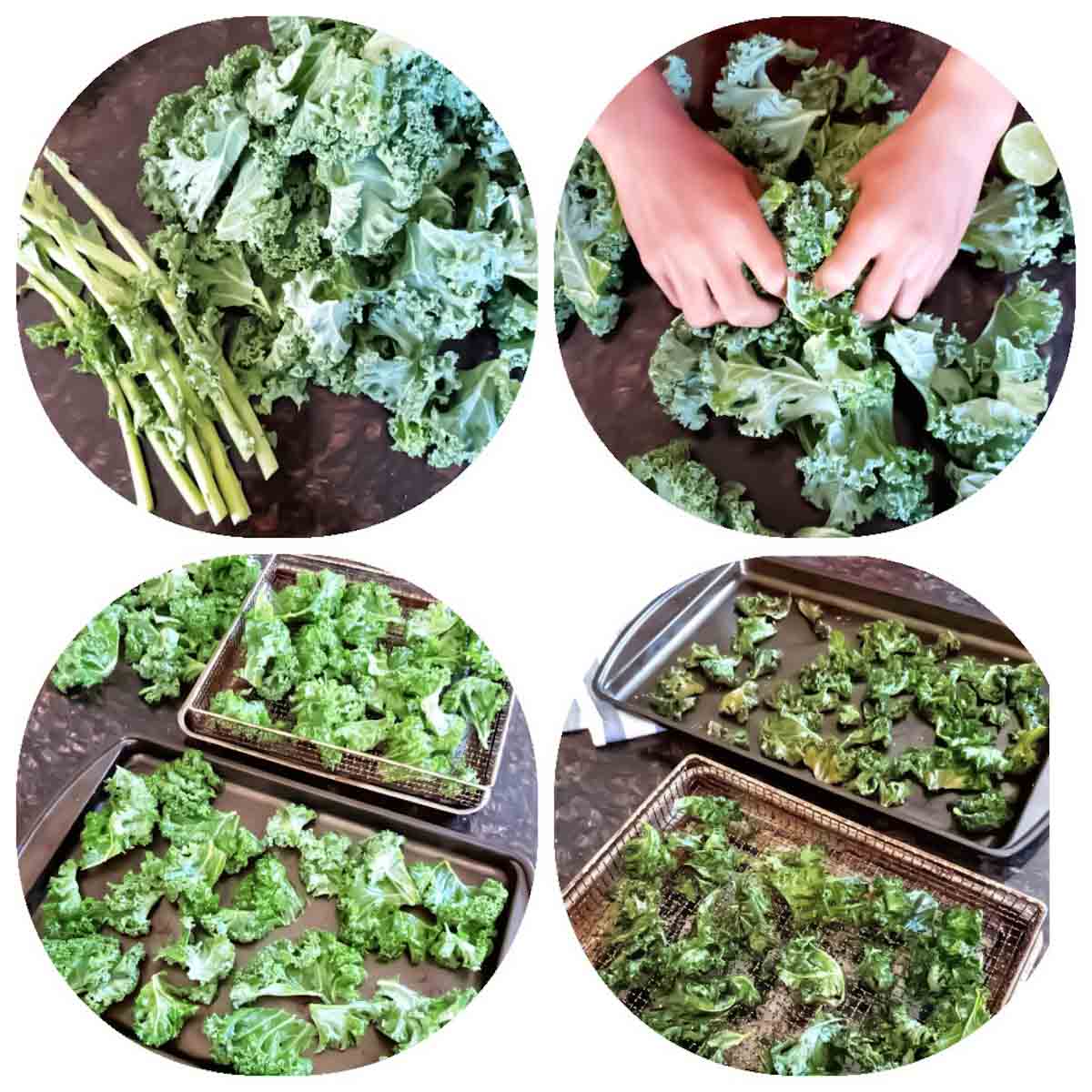 Process shot collage showing step by step instructions to make baked kale chips in air fryer as well as in the oven.