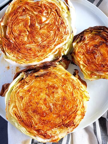 Air fryer cabbage steaks grilled to perfectly grilled and caramelize.
