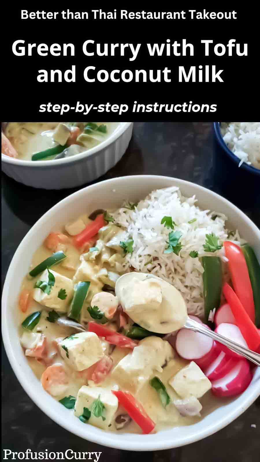 Thai Green Curry with Tofu image with text for social share.