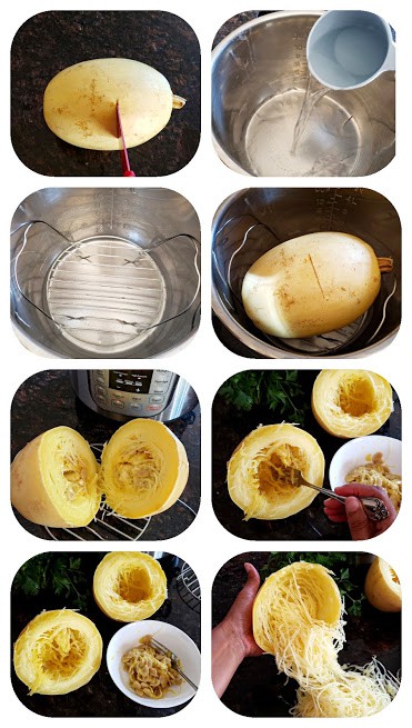 Step by step process shot collage to make InstantPot SPaghetti Squash.