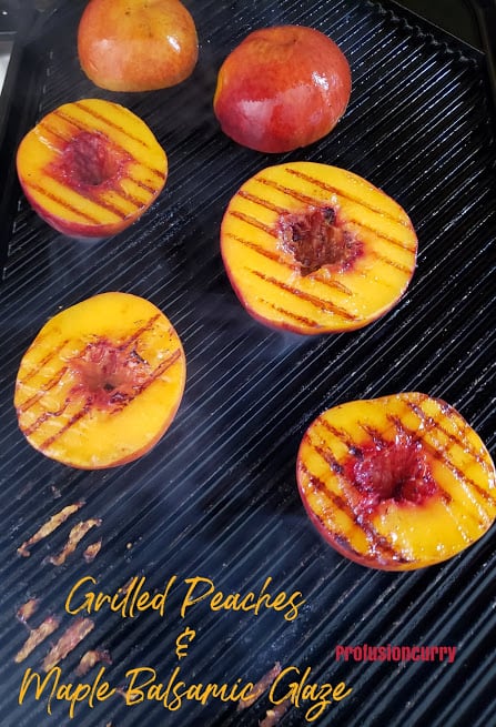 Process shot of cut up peaches over grill.