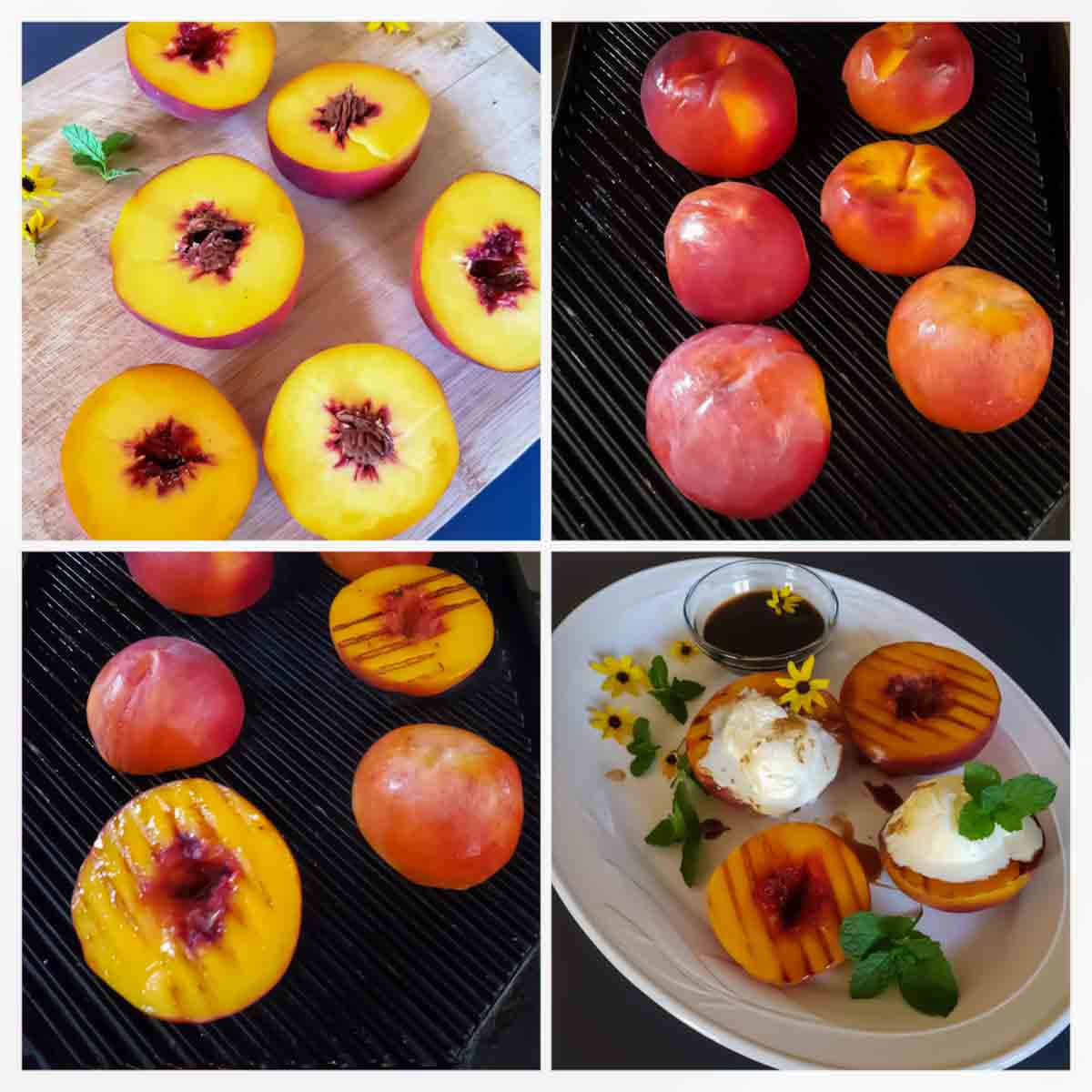 Collage showing how to make Healthy grilled fruit dessert with caramelized peaches.