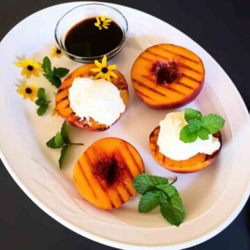 Fresh peaches grilled and drizzled with balsamic glaze.