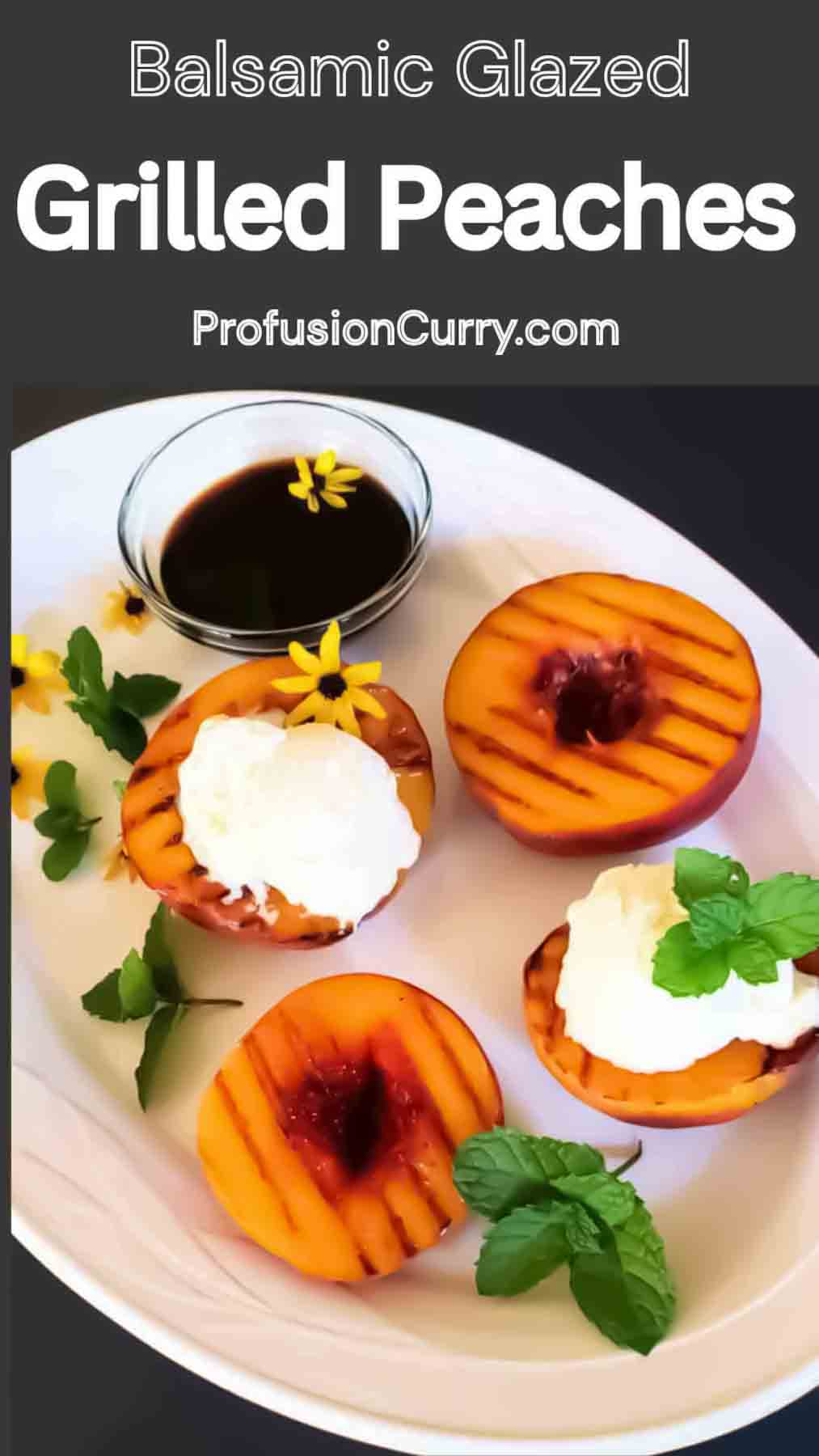Fresh peaches grilled and drizzled with balsamic glaze.
