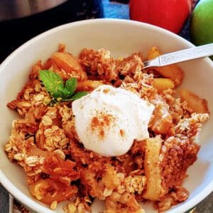 Close up image of apple crisp served with vanilla ice cream and ground cinnamon dusting