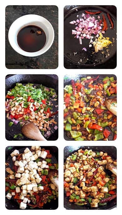 Process shot collage showing how to make kung pao tofu with colorful veggies and peanuts.