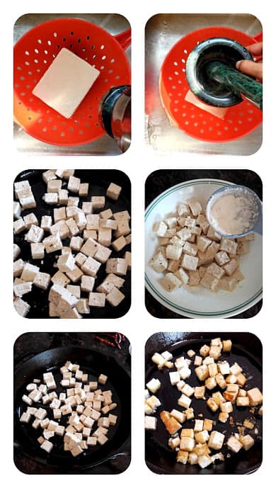 Process shot collage to show how to make crispy tofu.