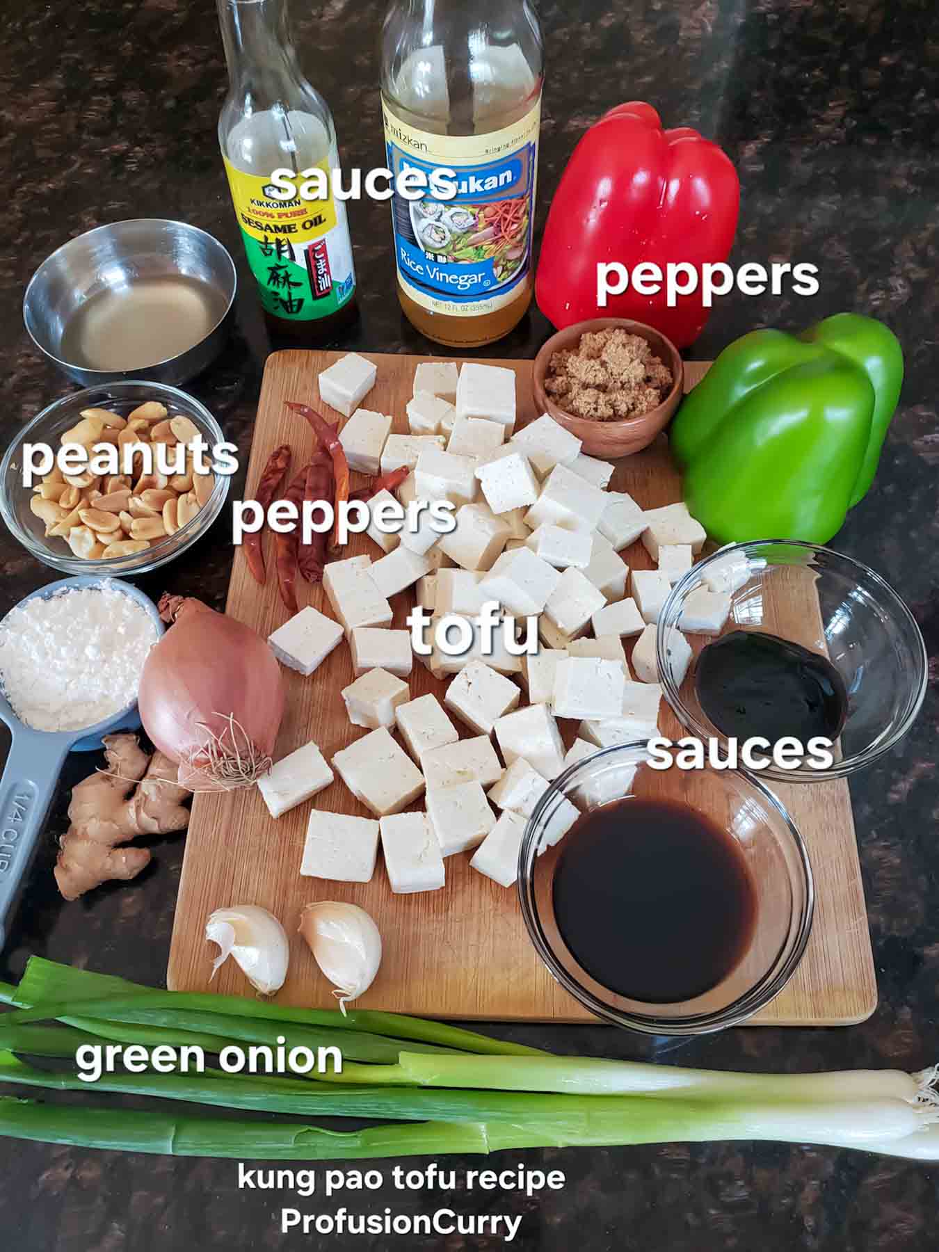 Ingredients used in making homemade Kung Pao Tofu Recipe.