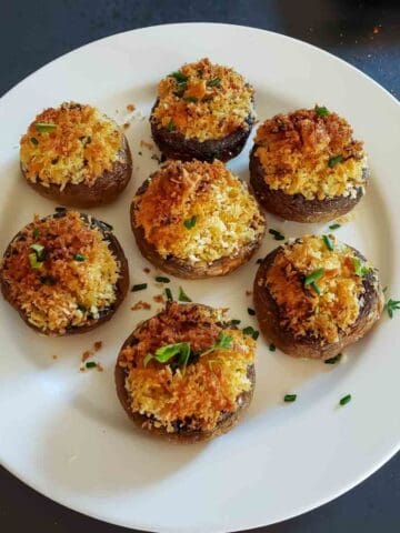 Air fryer stuffed mushrooms with crispy Parmesan Panko topping.