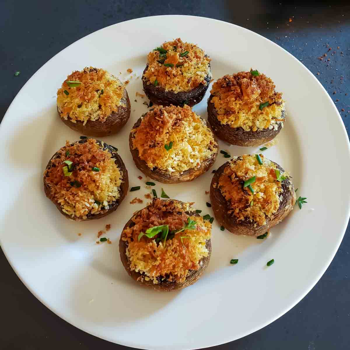 Air fryer stuffed mushrooms with crispy Parmesan Panko topping.