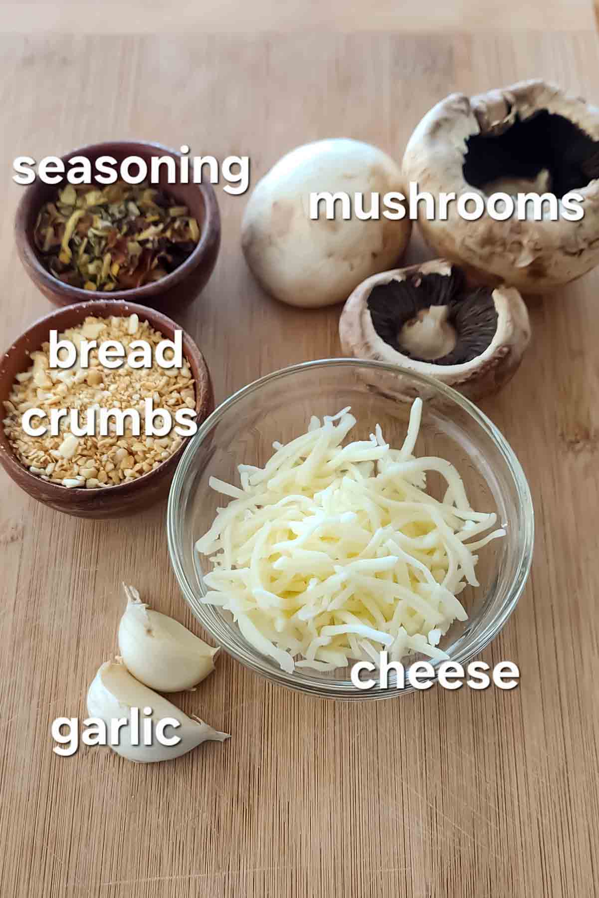 Ingredients display for stuffed mushrooms made with Panko stuffed mushrooms with garlic, Parmesan, and Italian seasoning.