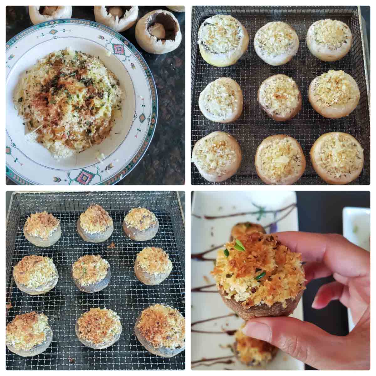 Easy vegetarian air fryer stuffed mushrooms appetizer. Showing 4 easy steps.