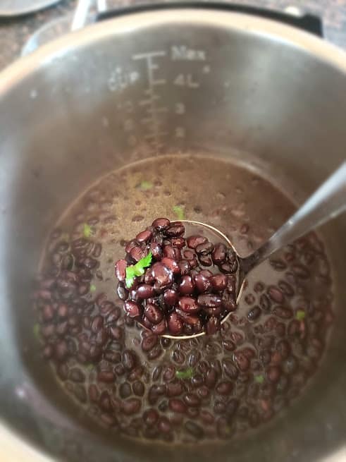 A ladle full of black beans made in Instant Pot.