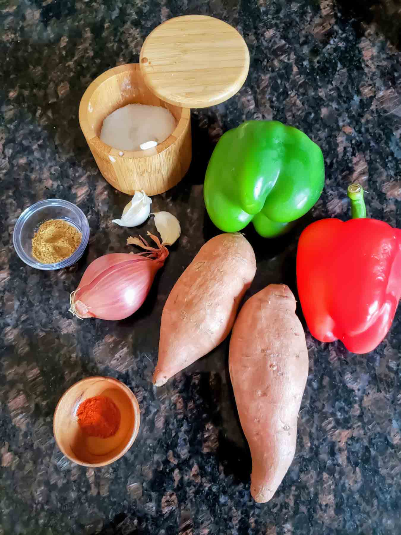 Simple ingredients used in making healthy vegan sweet potato stir fry recipe.