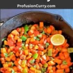 Social media share image with text overlay showing Crispy sweet potatoes and peppers stir fried with garlic and cumin in a pan.