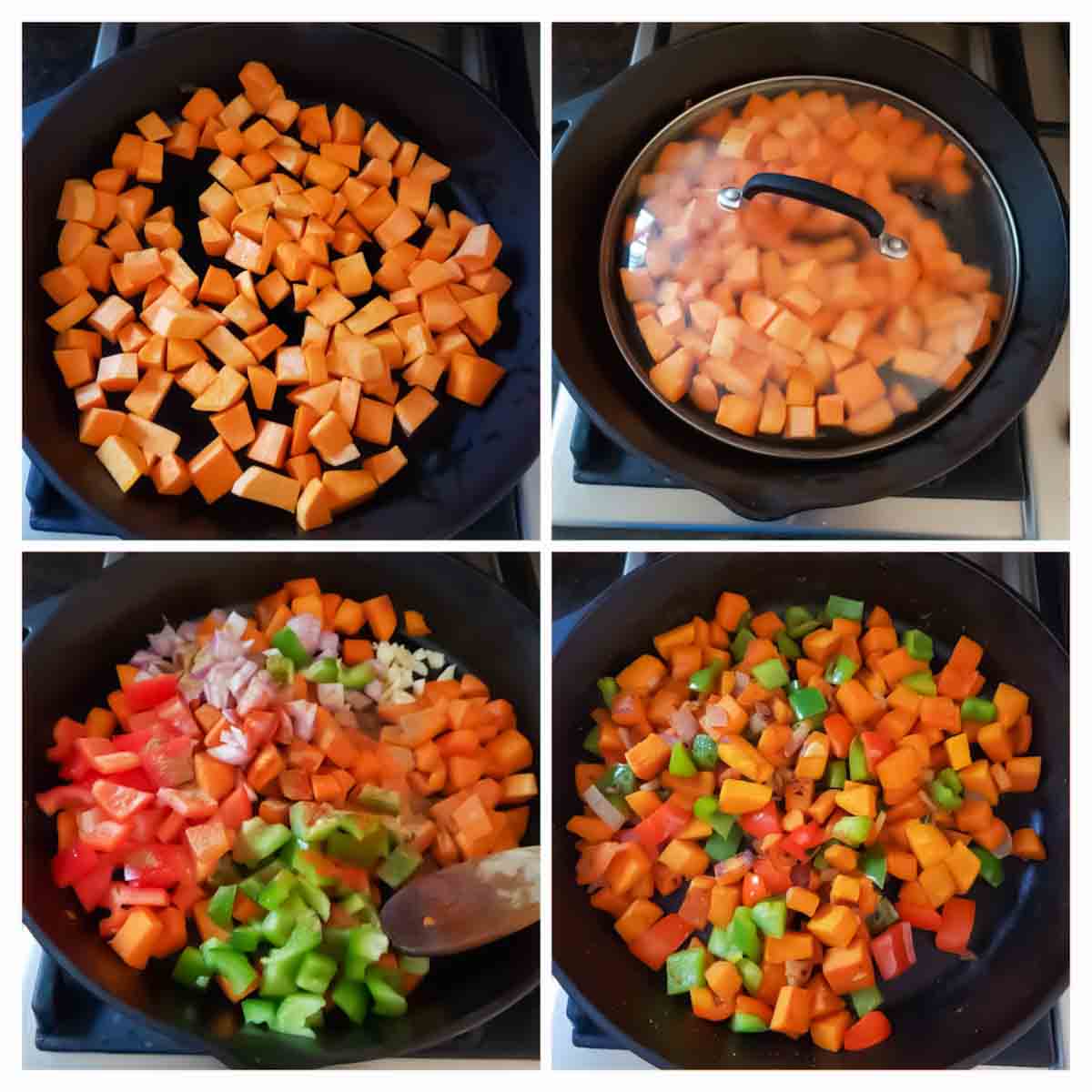 Crispy sweet potatoes and peppers stir fried with garlic and cumin in a pan.