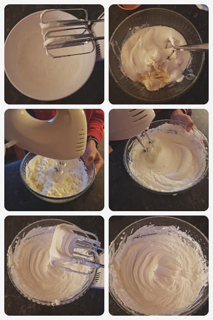 A process shot collage of making smooth and creamy mascarpone cream used in this recipe.