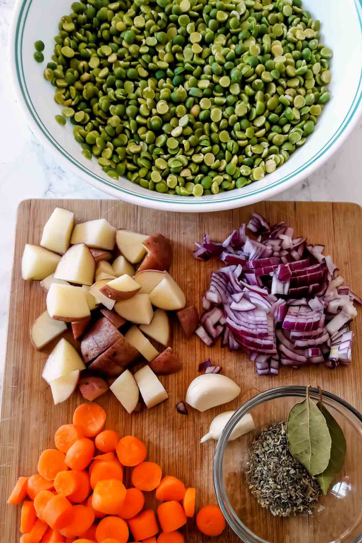 Ingredients used in making vegan split pea soup in Instant Pot.