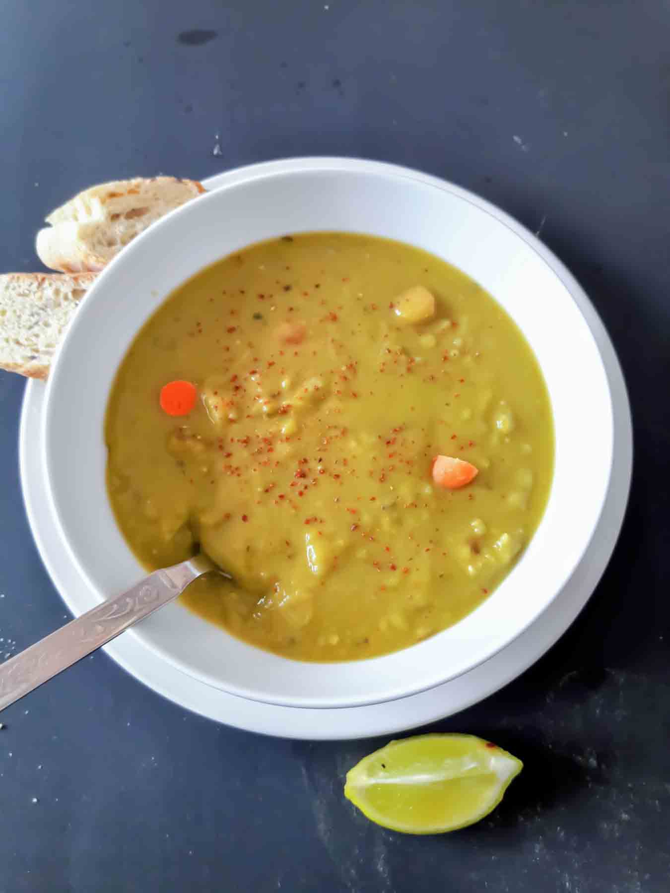 Close up of a bowl filled with plant based high protein soup recipe.