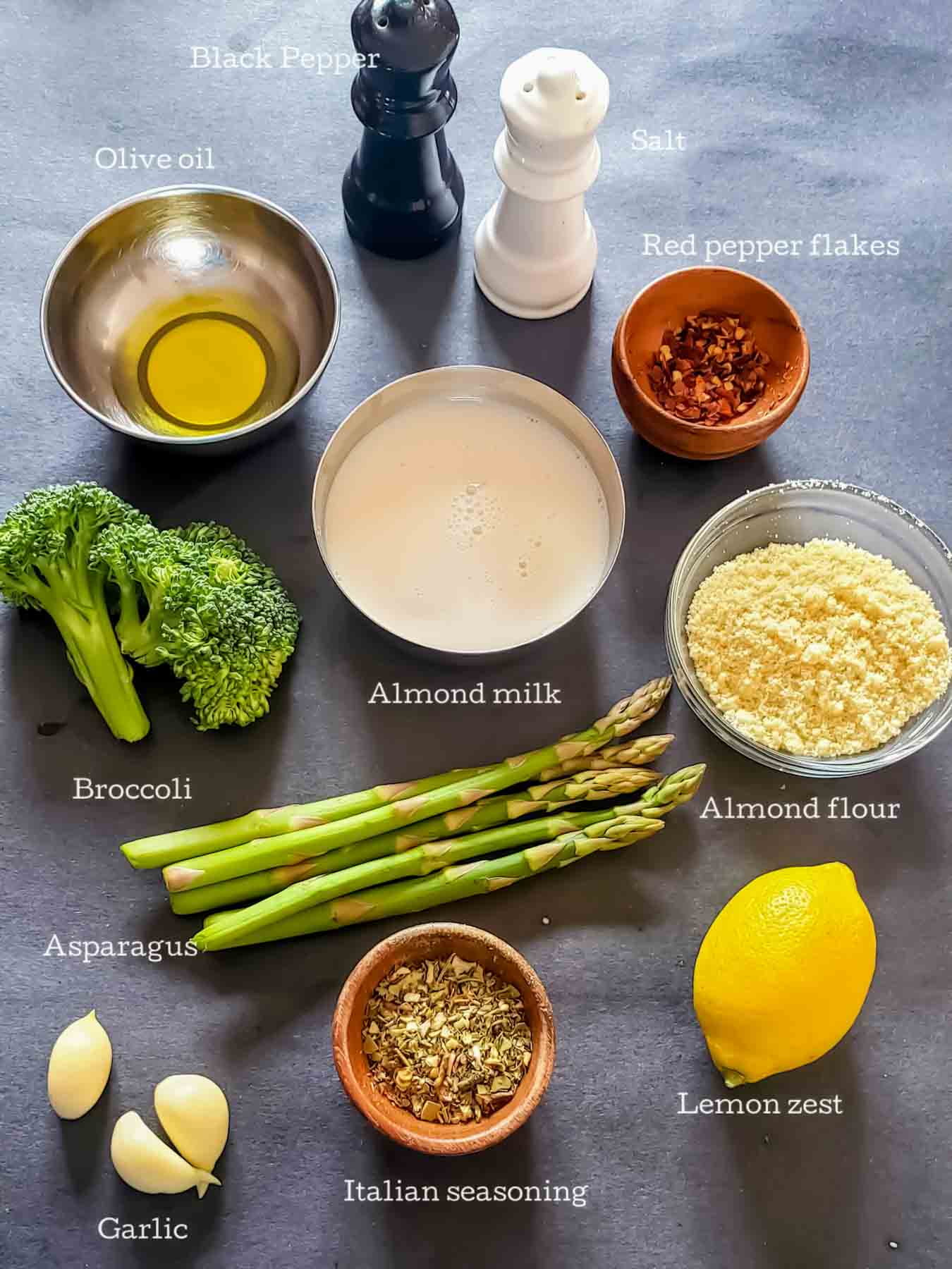 Ingredients used in making creamy asparagus broccoli soup without cream which is dairy free, vegan and gluten-free.