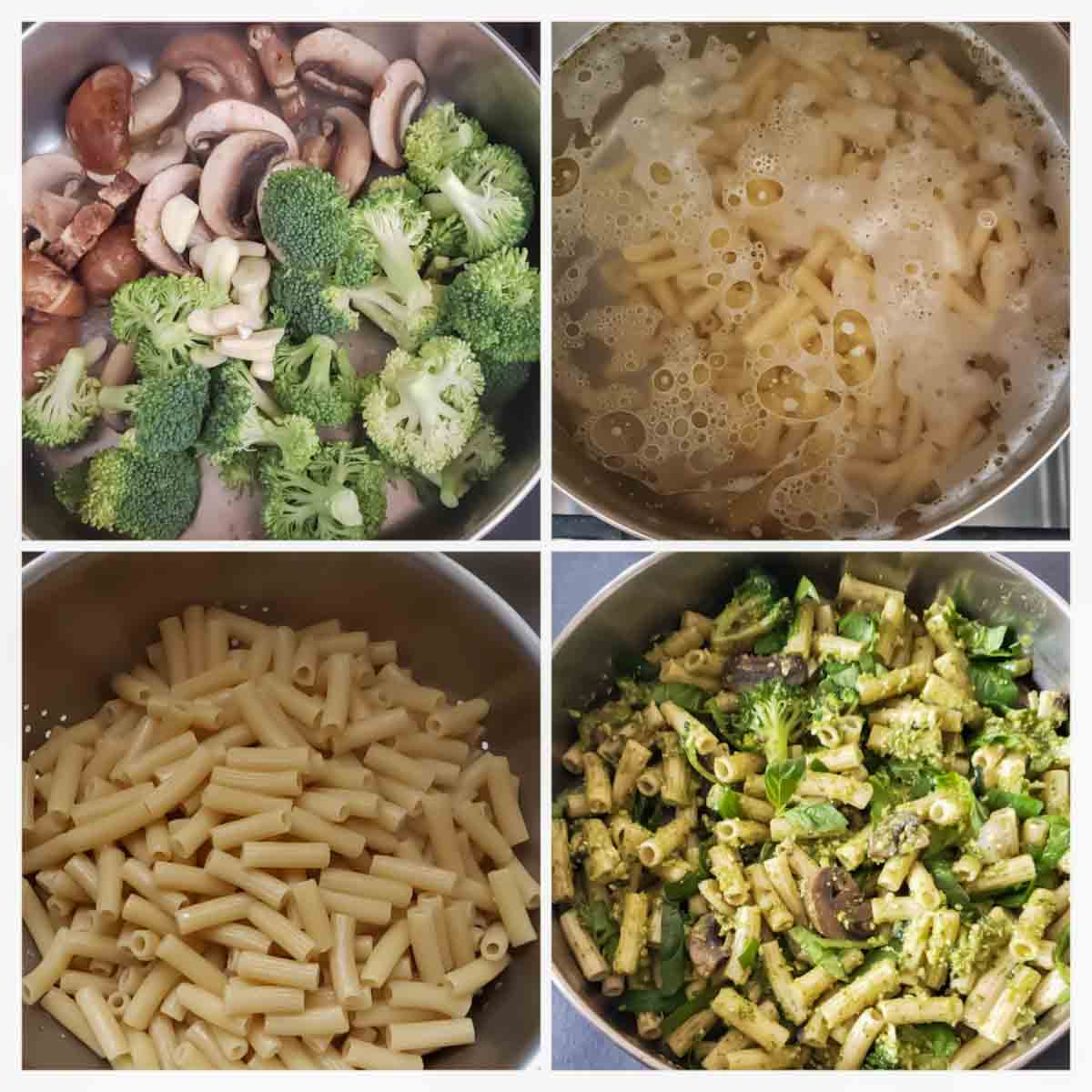 Process step collage showing steps involved in making this Instant Pot pasta primavera with pesto sauce recipe.
