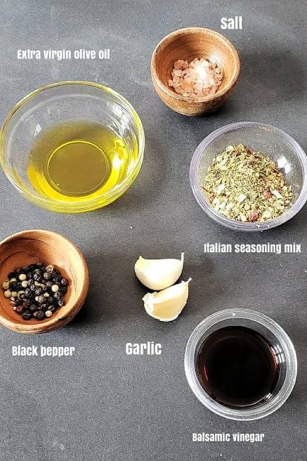 Ingredients used in making this bread dipping olive oil light appetizer recipe.