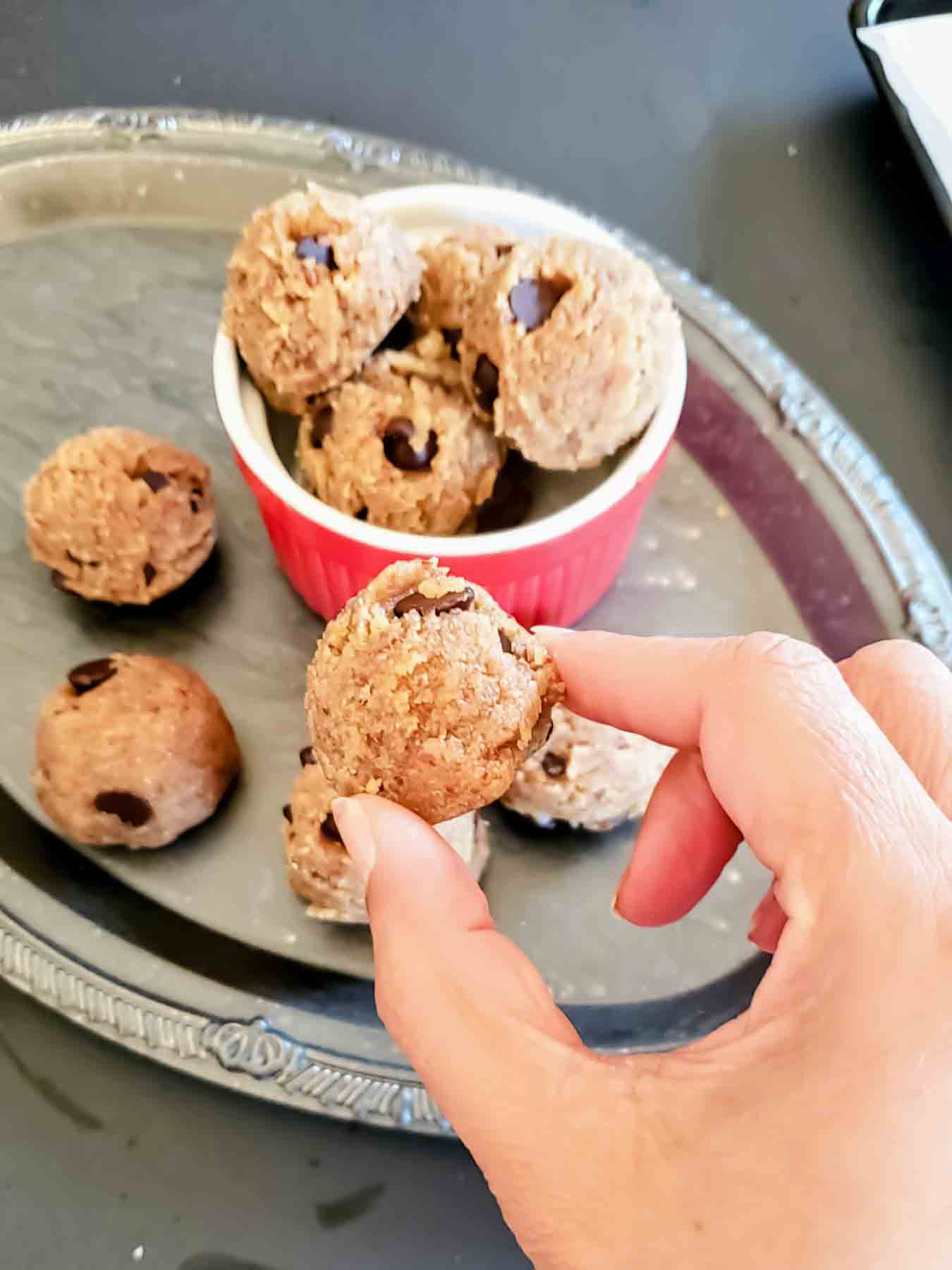 Close-up of gluten-free edible cookie dough with almond flour and chocolate chips
