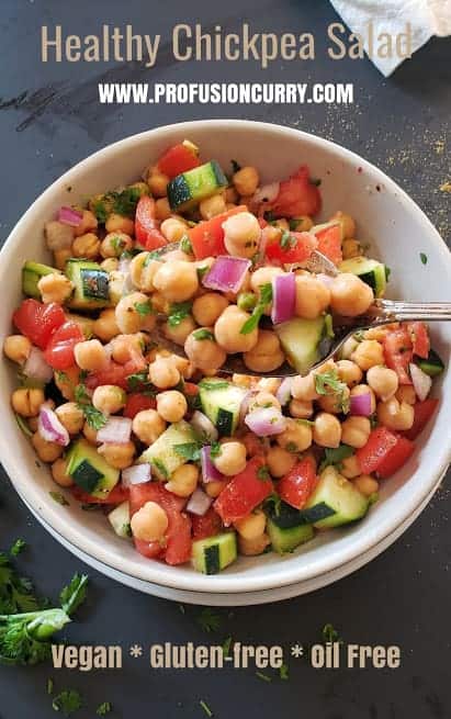 Image with text overlay for healthy veggie chickpea salad. 