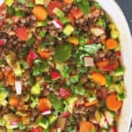 Pinterest image with text overlay for lentil salad with curry lemon dressing.