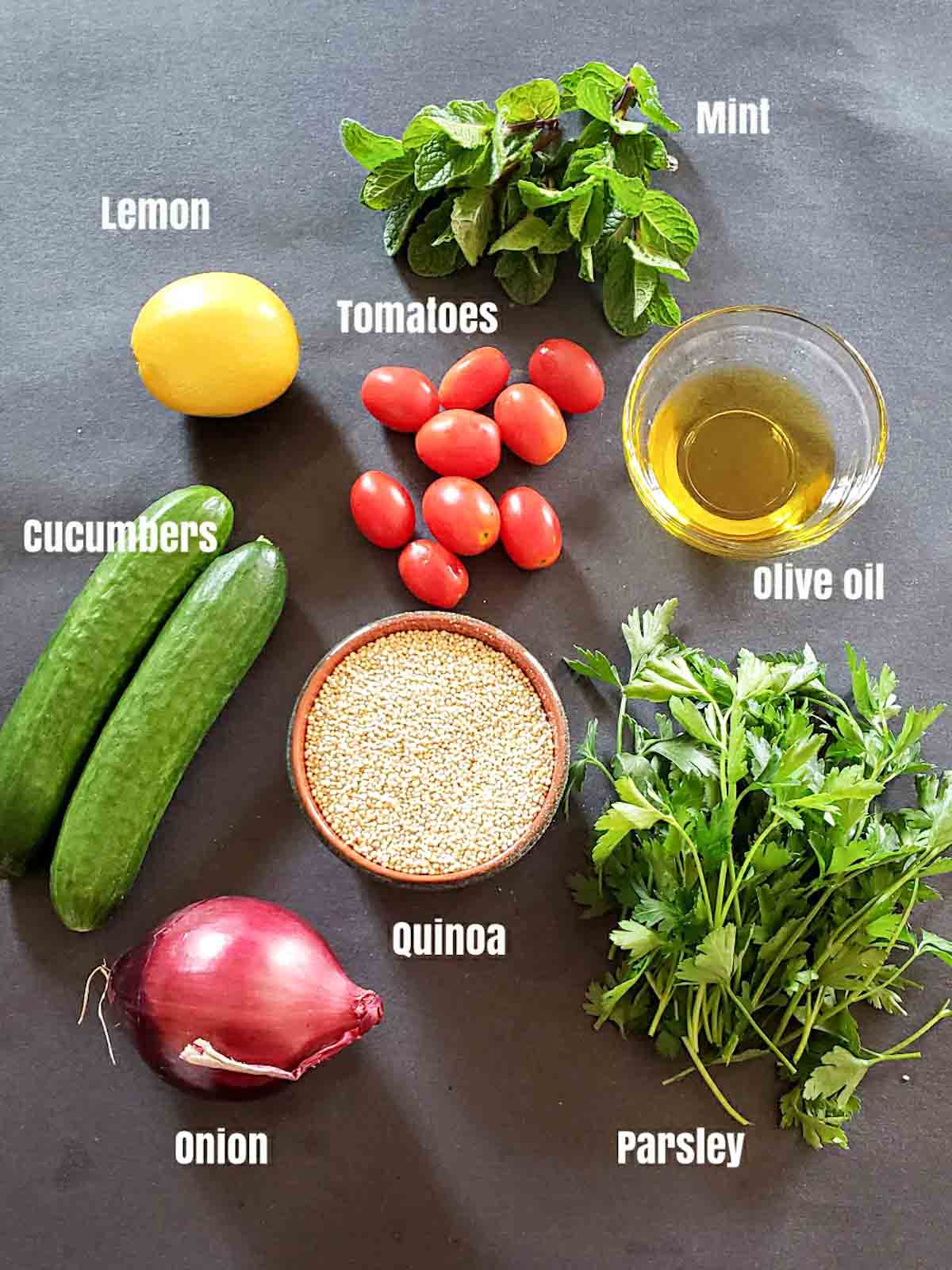 Ingredients used in making vegan and gluten free quinoa salad with tabouli or tabbouleh flavors.