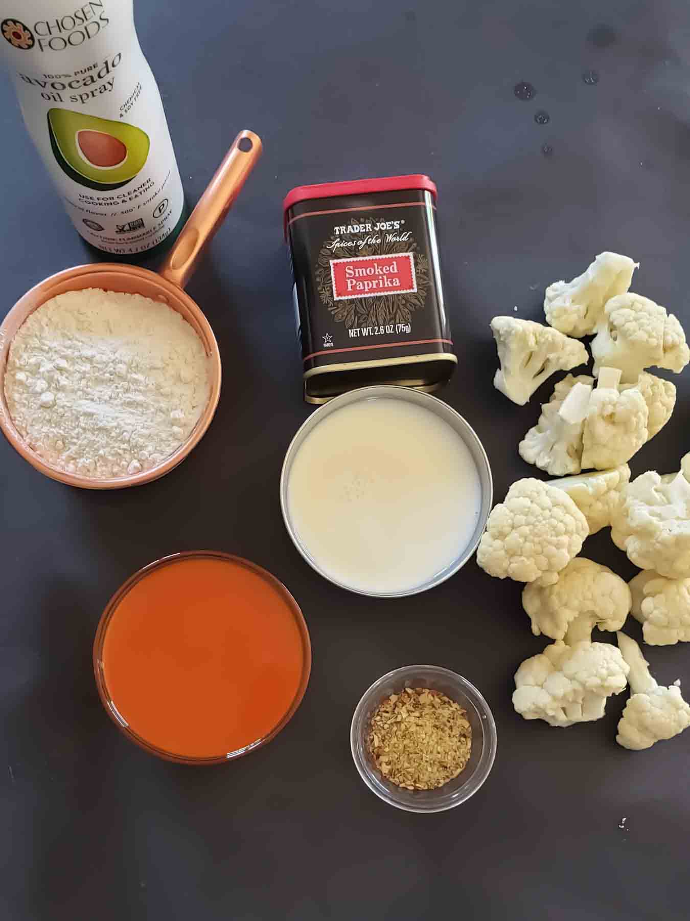 Ingredients used in making crispy cauliflower wings with buffalo sauce.