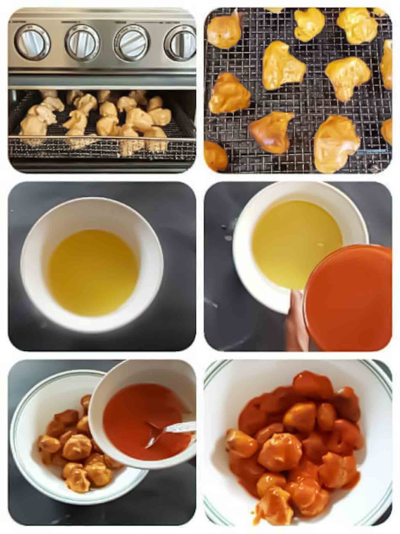 Process shot collage showing how to air fry or bake the buffalo cauliflower wings.