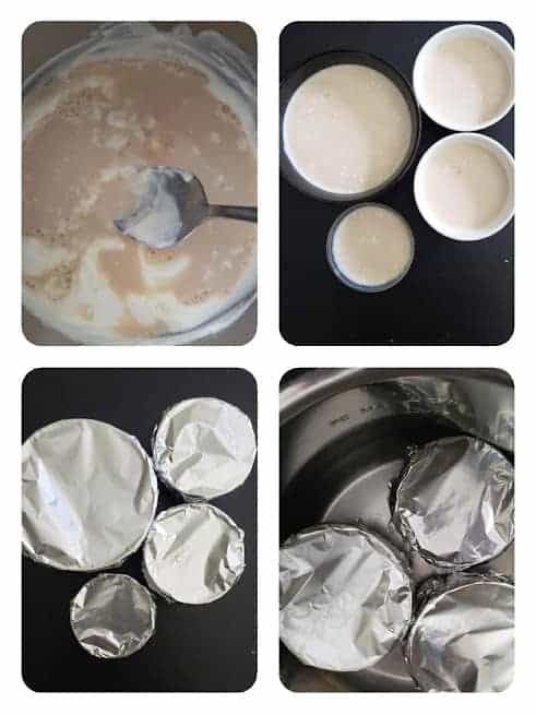 Process shot collage one showing important steps involved in making this Mishti Doi recipe in Instant Pot.