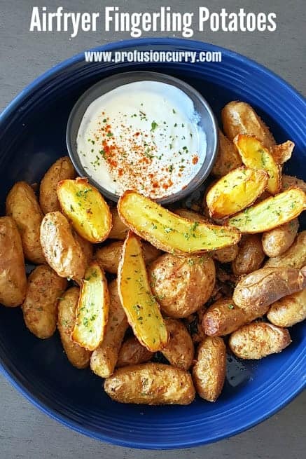 Pinterest image with text overlay for Air fryer fingerling potatoes