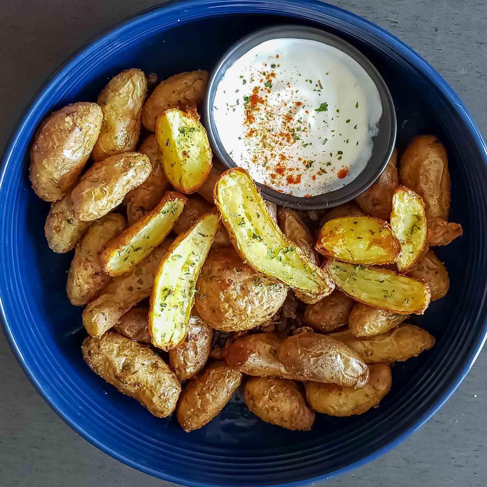 Air Fryer fingerling potatoes served in a bowl.