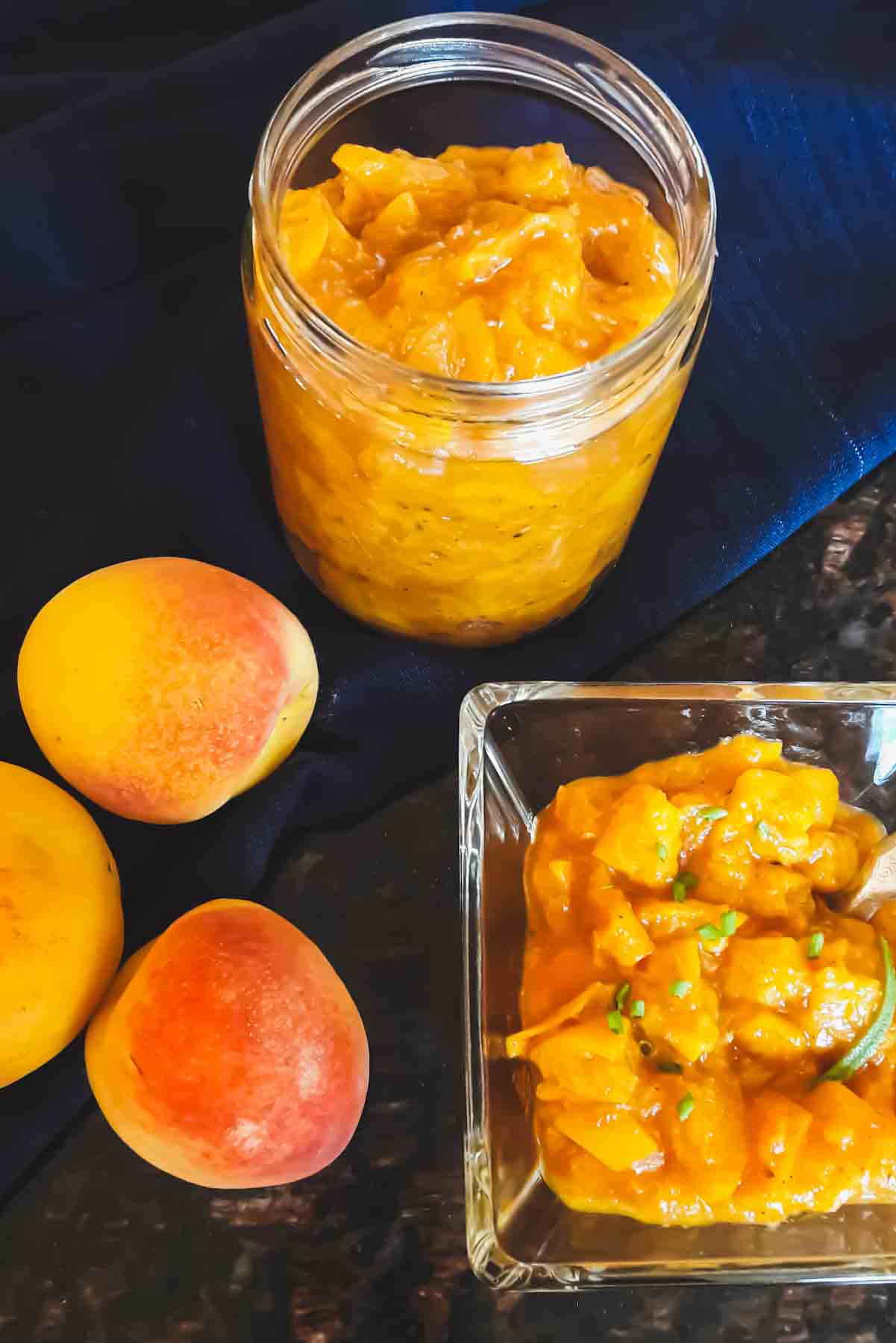 Delicious homemade peach chutney in a jar.