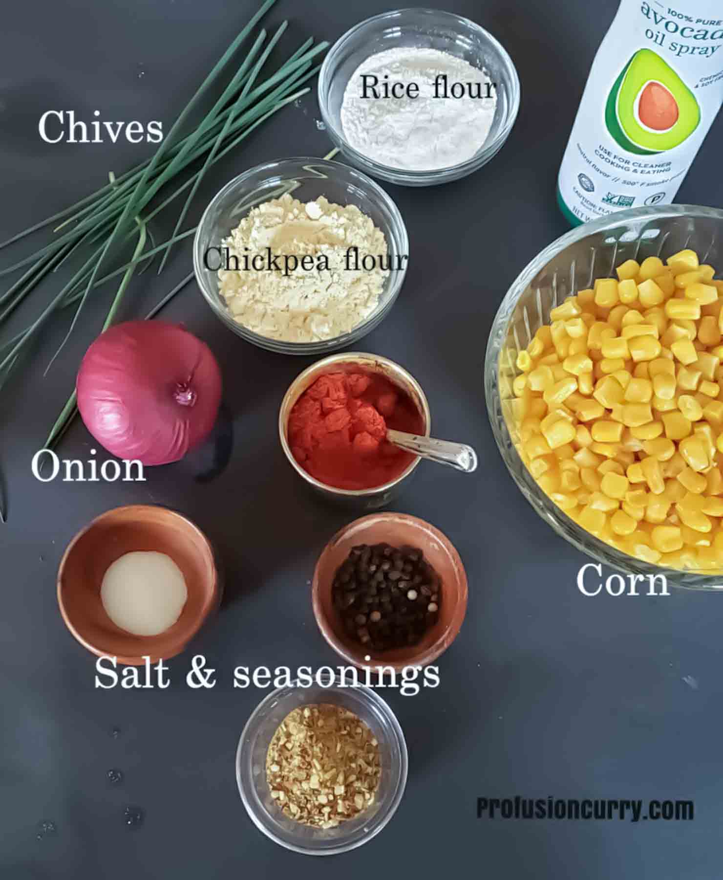 Ingredients used in making vegan, gluten-free Air Fryer Corn Fritter without egg.
