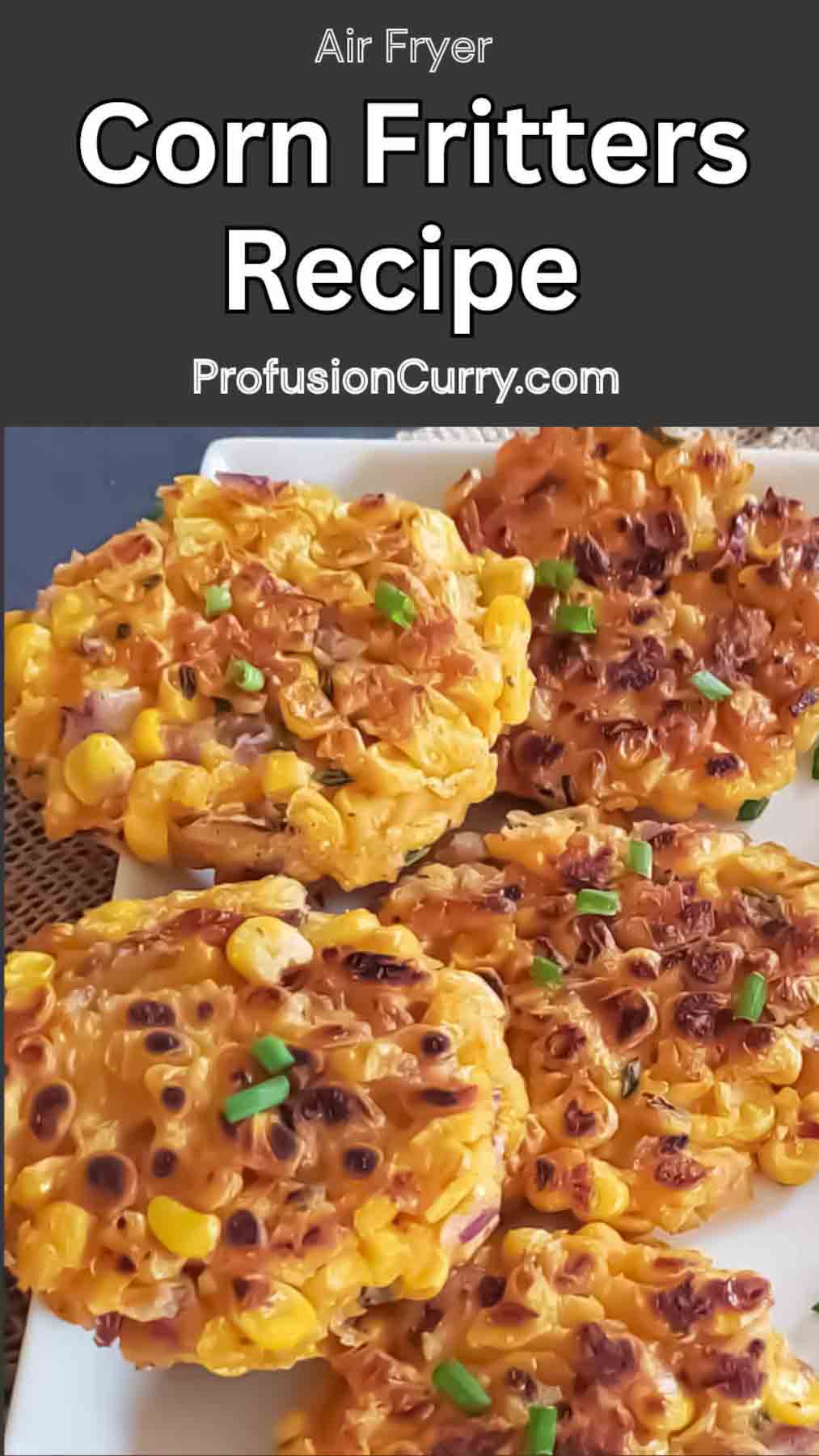 Social media image with text overlay for air fryer corn fritters without eggs. 