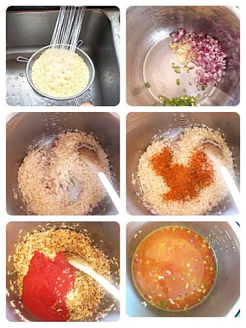 Process shot collage showing major steps involved in making this one pot rice recipe. 