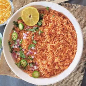 Colorful red homemade Mexican Rice made in Instant Pot..