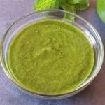Cilantro Mint Chutney which is 5-minute homemade Indian Green Chutney served in a bowl for Samosa dipping sauce.