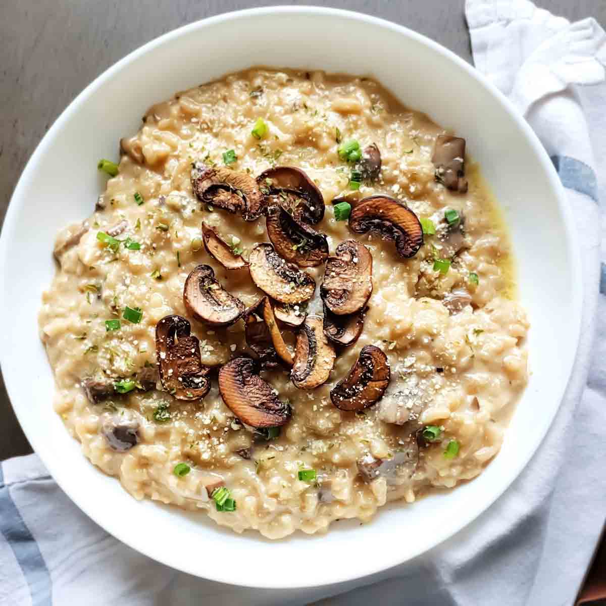 Creamy risotto made easy in Instant Pot with mushrooms served for restaurant quality family dinner. 