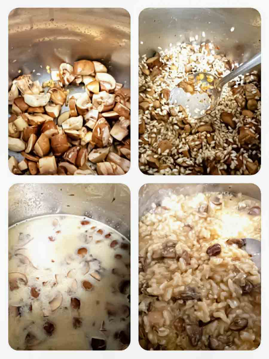 Step by step instruction collage showing how to make risotto recipe.