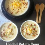 Pinterest image with text overlay for vegan and gluten free creamy potato soup made in Instant Pot.