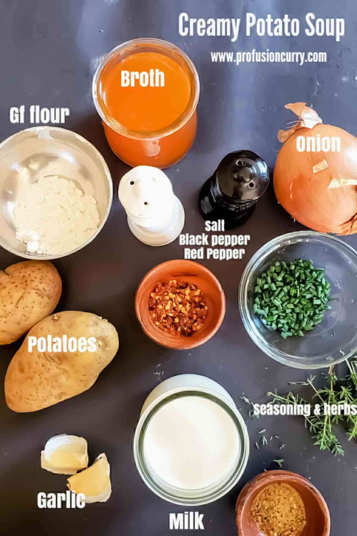 Creamy potato soup ingredients.
