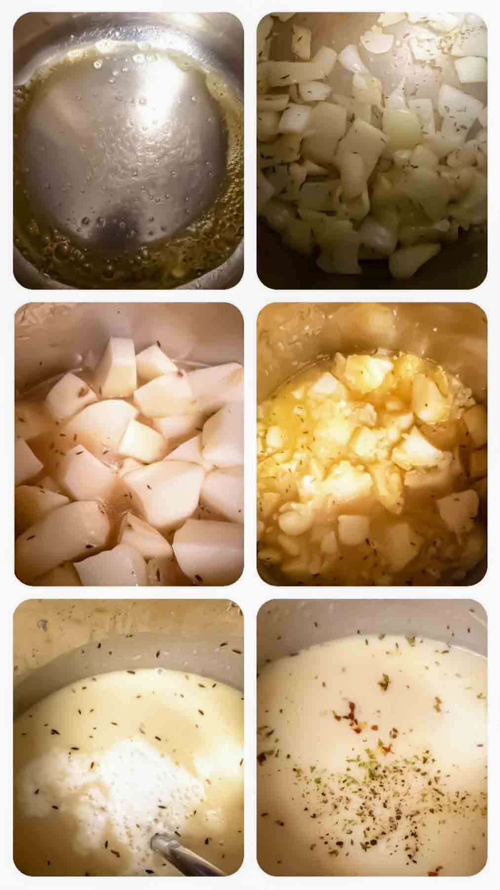 Potato Soup making process step photo collage.
