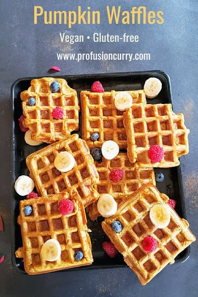 Pinterest image for vegan and gluten free pumpkin waffles made for festive fall and winter breakfast or brunch.